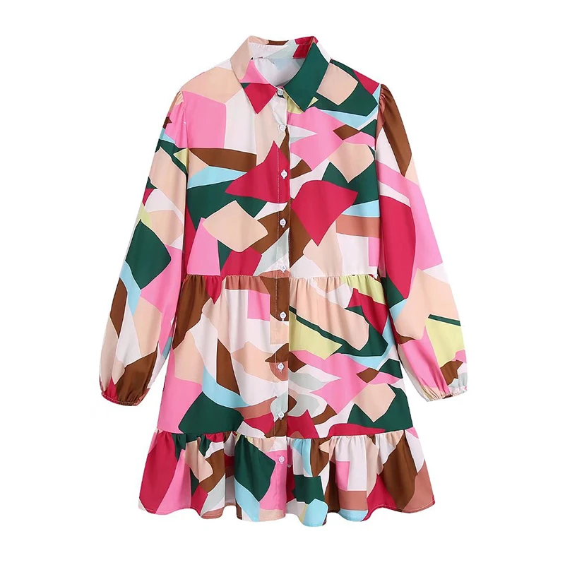 

Женское короткое платье с многослойным принтом, винтажное свободное однобортное платье с отложным воротником, модель BB22563 на весну 2022