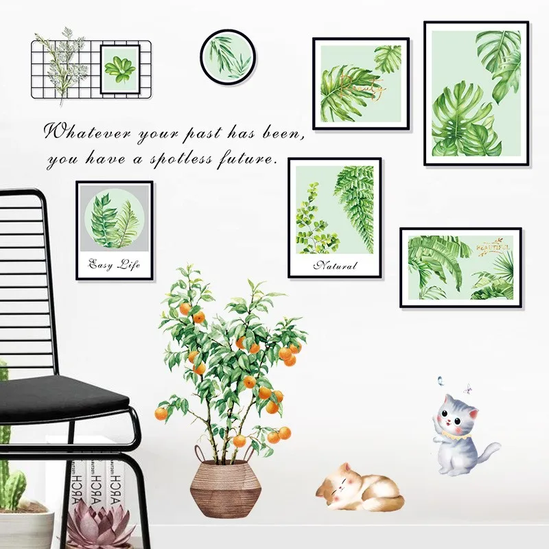 

New Potted Green Leaf Cat Frameless Painting Children's Room Decoration Sticker Study Room Bedroom Decoration