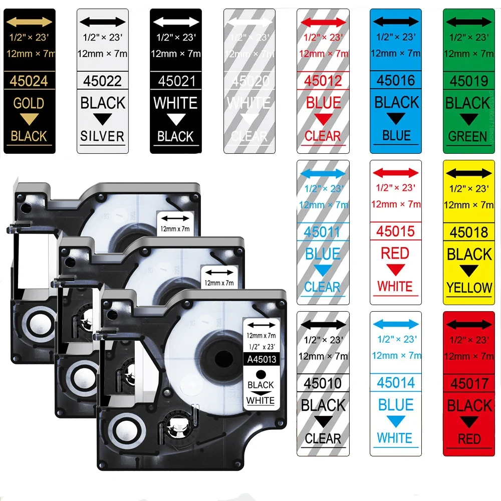 3PK 12 мм совместим с лентами Dymo D1 45013 45010 45016 45017 45018 черно-белые ленты для этикеток