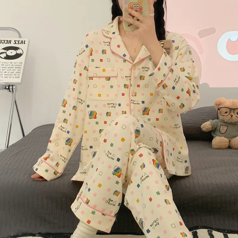 Sweet Style Pajamas Women's Spring and Autumn Imitation Cotton High Grade Long Sleeve Pants Two Piece Set Cute Student Home Fury