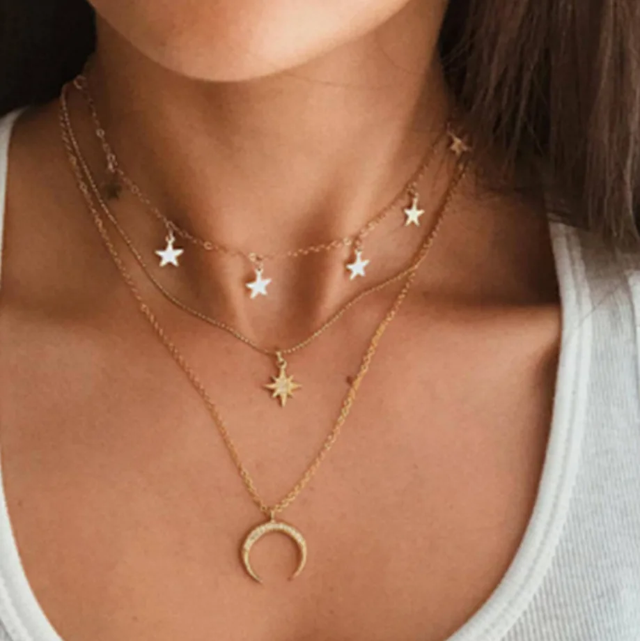 

European And American New Pentagram Pendant Creative Retro Simple Octagonal Crescent Three-Layer Necklace