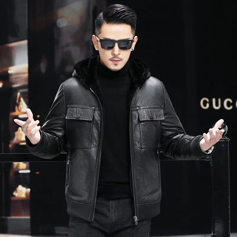 

White Duck Down Jacket Men 2023 Winter Hooded Woolen Collar Coat Genuine Cowhide Leather Jackets Casaco Masculino Gmm351