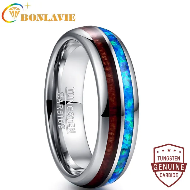 

BONLAVIE Arrival 6MM Wood Tungsten Carbide Men Ring Size 7-12 Polished Natual Opal Acacia Ring Female Engagement Jewelry Gift