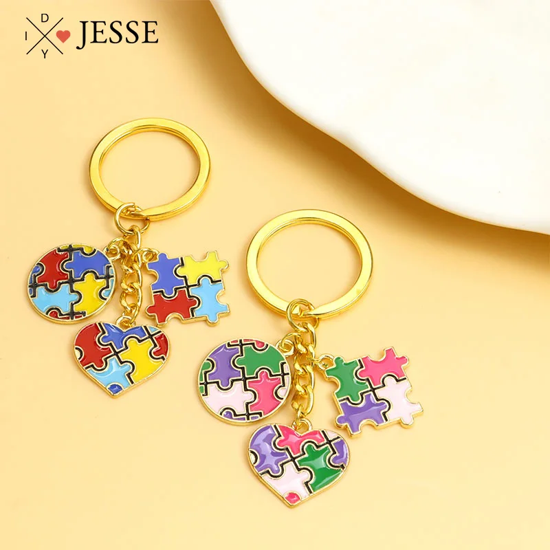 

New Autism Awareness Enamel Keychains For Children Kids Gifts Red Ribbon Puzzle Round Heart Pendants Keyrings Love Theme Jewelry