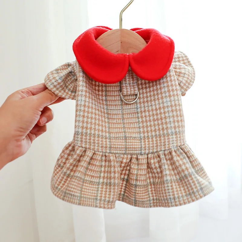 Lattice Harness Autumn Dress Puppy Plaid Skirt Dog Clothes Small Dogs Chihuahua Yorkshire Bulldog Cat Coat Poodle Coffee Color