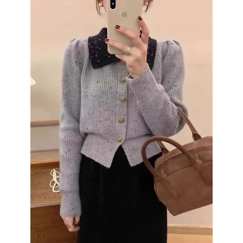 Элегантный французский твидовый стиль вязаный кардиган женский осенне-зимний