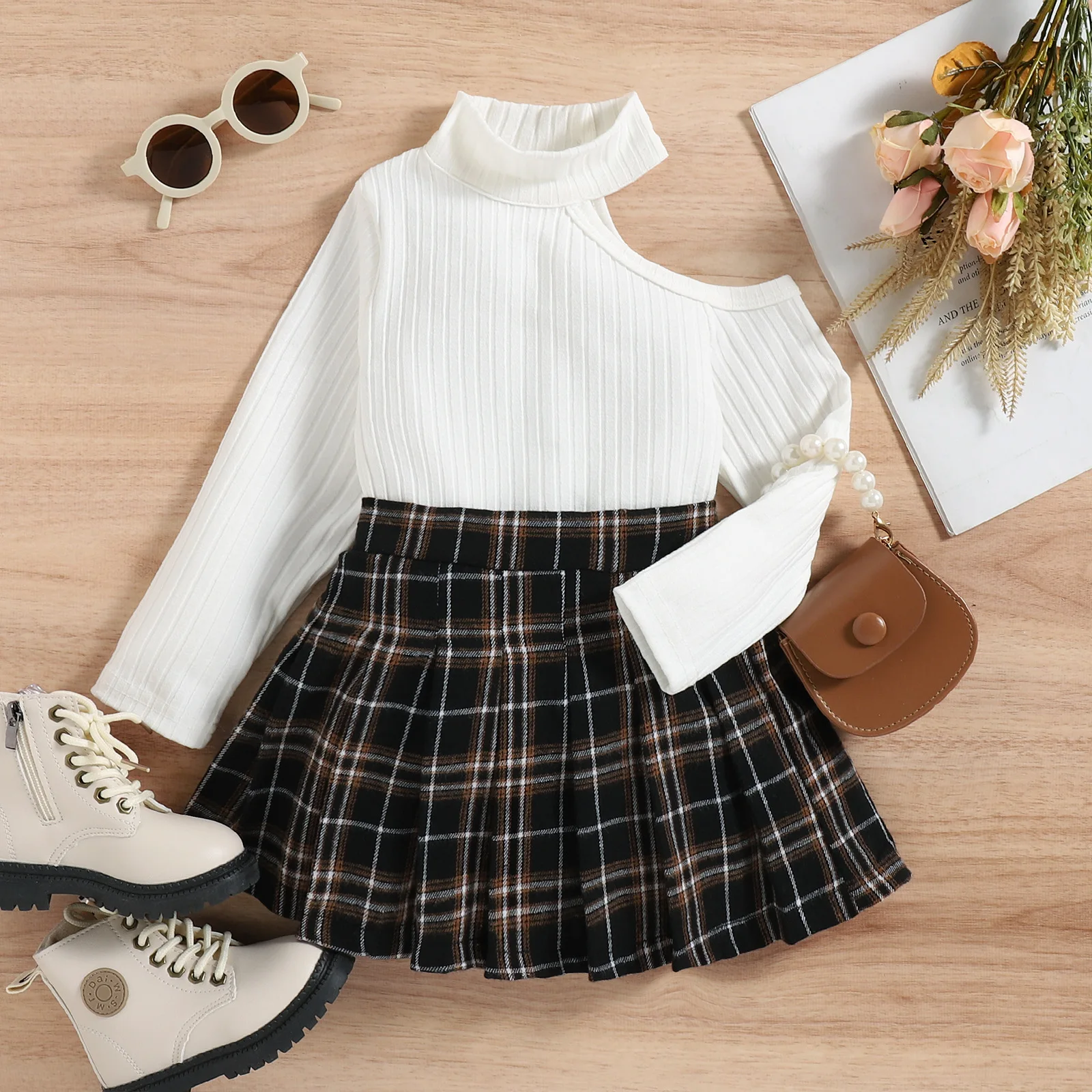 

Children's Wear Autumn and Winter College Wind Girls Slanted Shoulder Long Sleeve Plaid Skirt Two-piece Children's Suit