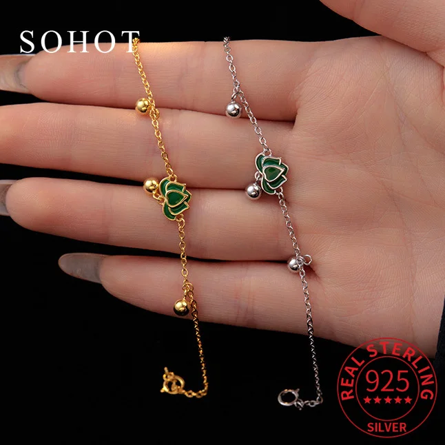 Настоящее серебро 925 эмалированный браслет из бисера с цветком лотоса для женщин