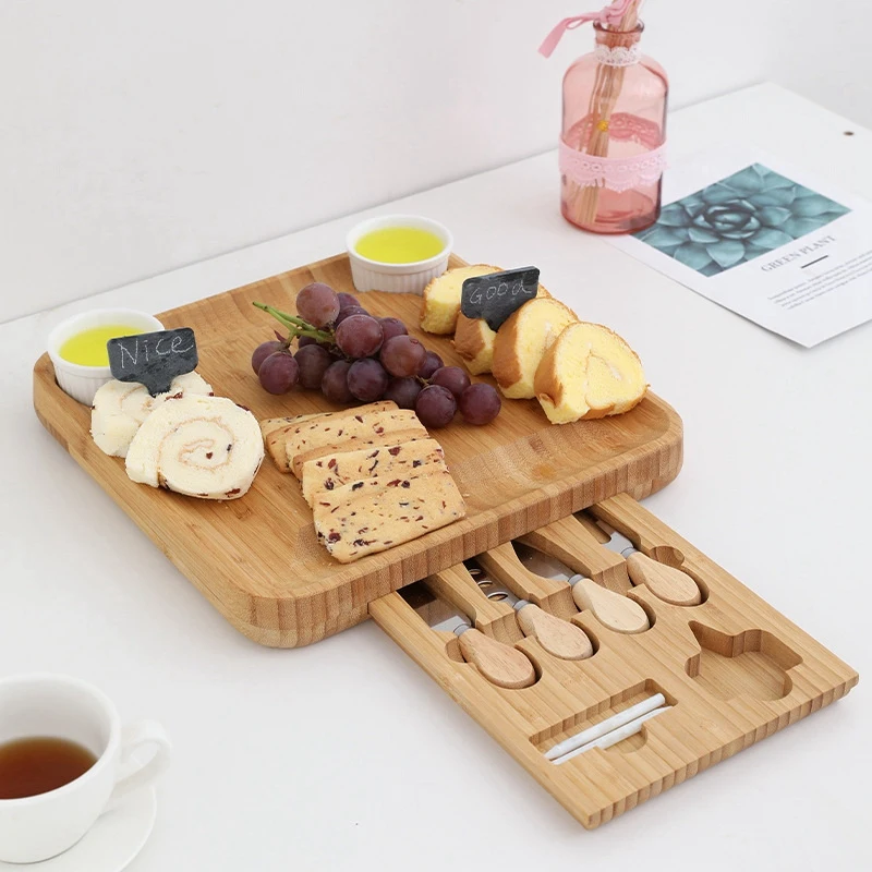 

HOT-Bamboo Cheese Board Set 2 Jam Saucers And 4 Stainless Steel Knives Bamboo Charcuterie Platter Cooking Tools