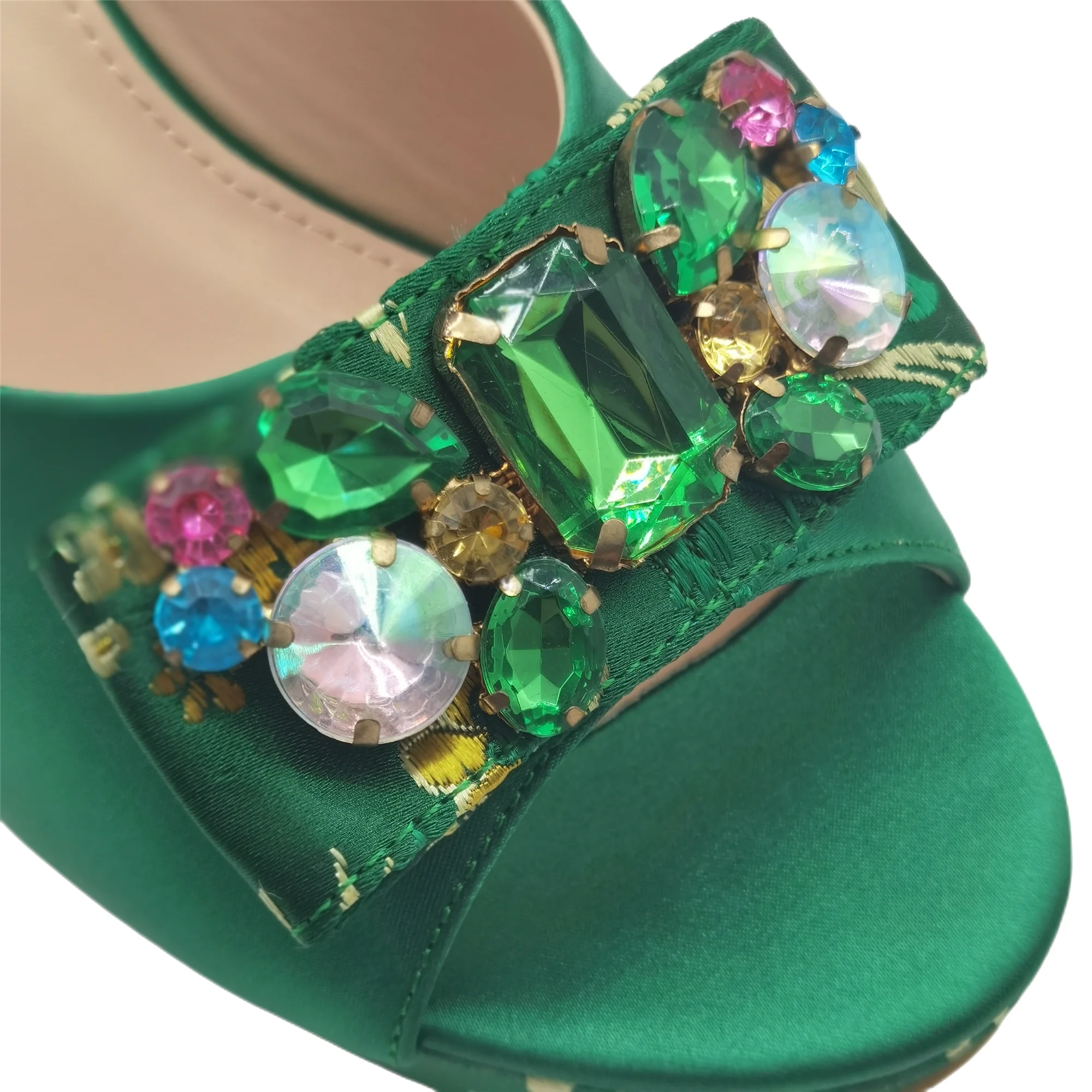 2023 Summer Women's Sandals Green Fashion Artificial Embroidery Pattern Rhinestone Italian Design Ladies Wedding Shoes