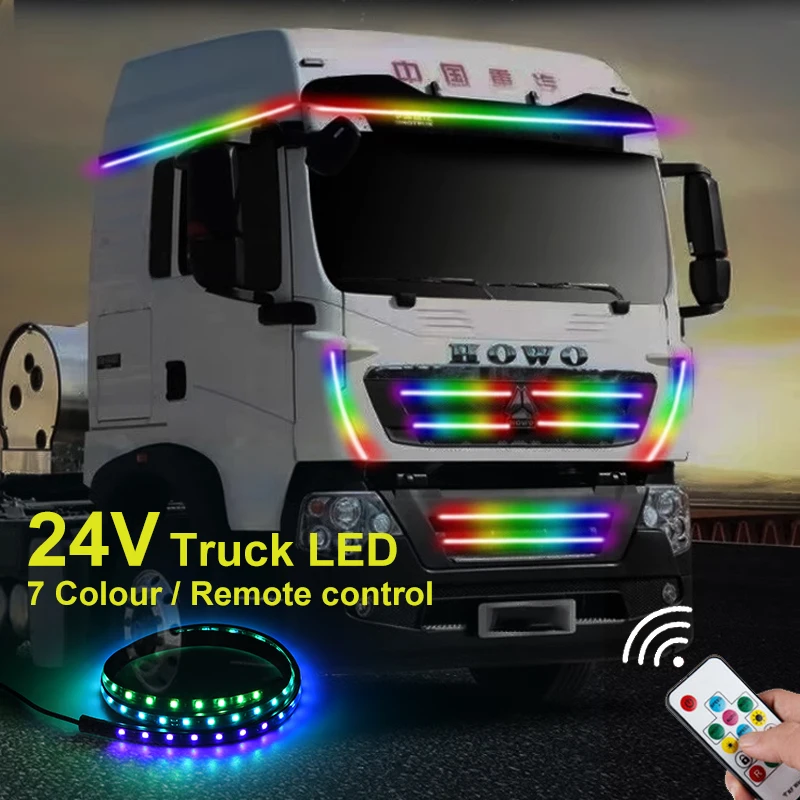 

24V LED Car Flashing 7 Colour Truck Ambient Light Remote control Roof Bumper Door Light 1.5M 1.8M2M 2.4M Trailer Van Accessories