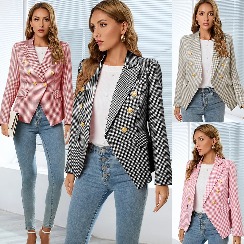 

2023 Autumn Women's Slim Houndstooth Jacket Suit Plus Size Burst