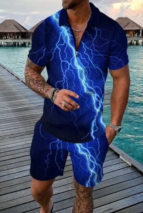 Summer Men's Polo Collar Tracksuit Fashion Trend 3D Printed Suit Street Beach Casual Pullover Shorts Set Men's Two Piece Set