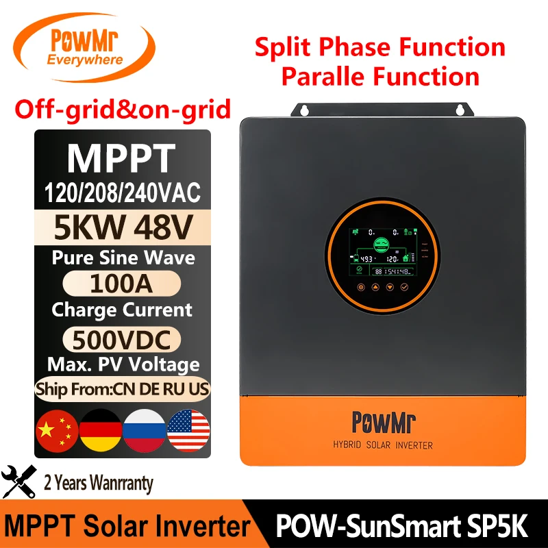 PowMr Off-grid/On-grid 5KW 48V Hybrid Solar Inverter MPPT 100A 120/208/240V AC Output Support Parallel and Split Phase Function