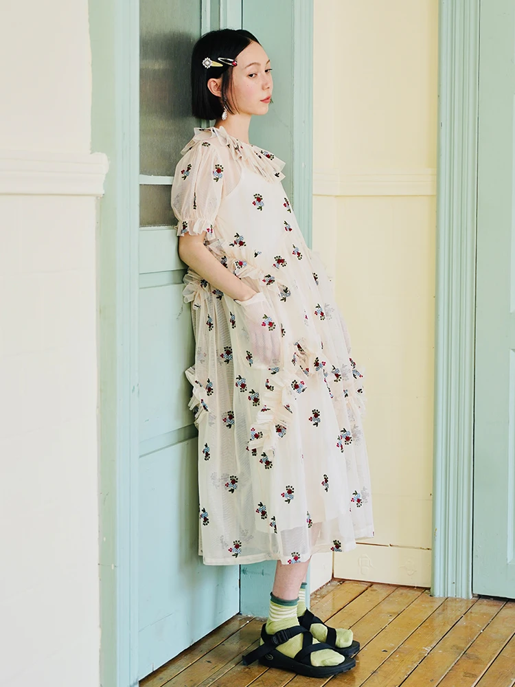 Imakokoni Gauze Dress Women embroidery floral atmosphere original doll neck mid length skirt long sleeve mesh dress	summer