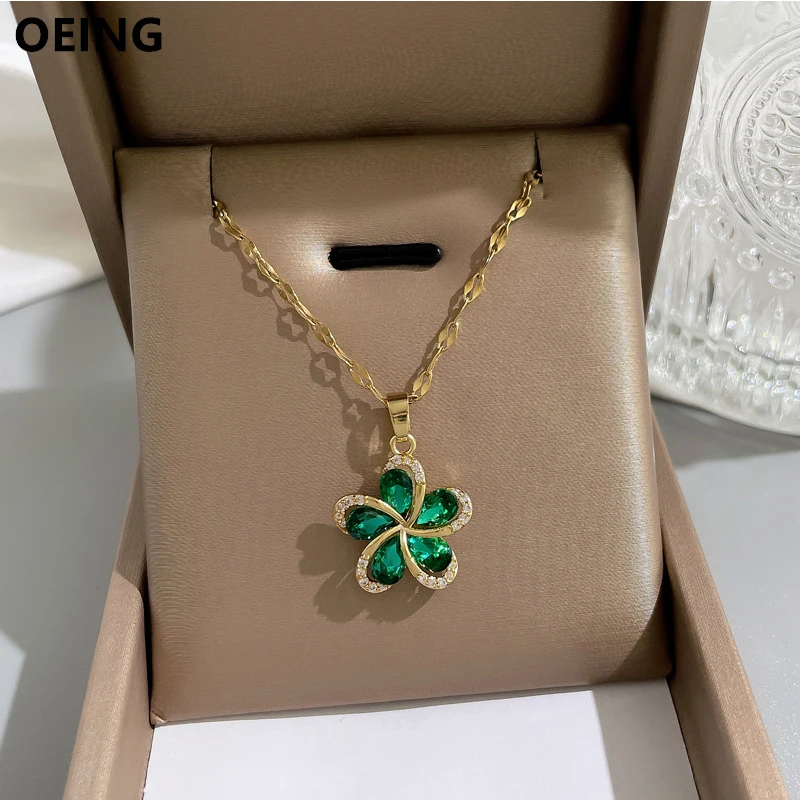 

OEING 316L Stainless Steel Shine Green Zircon Flowers Pendant Necklace For Women New Luxury Girls Lucky Chain Birthday Jewelry