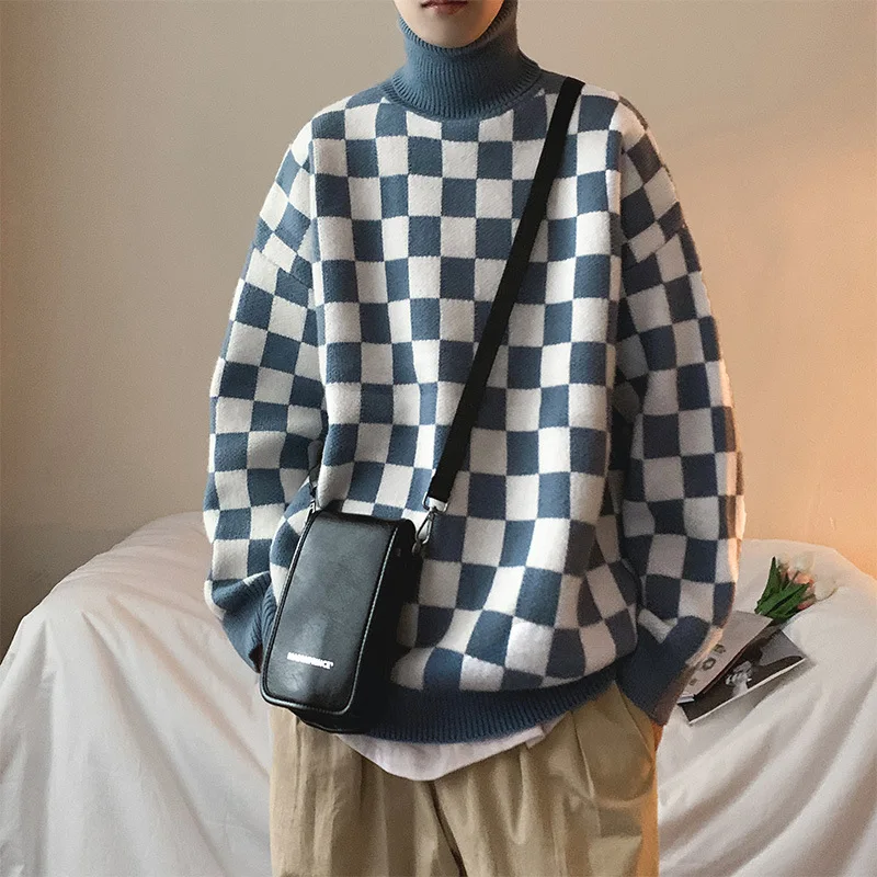

Мужские свитера EBAIHUI с высоким воротом, клетчатый СВОБОДНЫЙ Модный пуловер для отдыха, вязаный модный джемпер в стиле преппи с узором шахматной доски