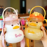 kawaii cartoon little yellow duck water bottle with straw portable plastic pot belly cup travel outdoor large capacity kettle