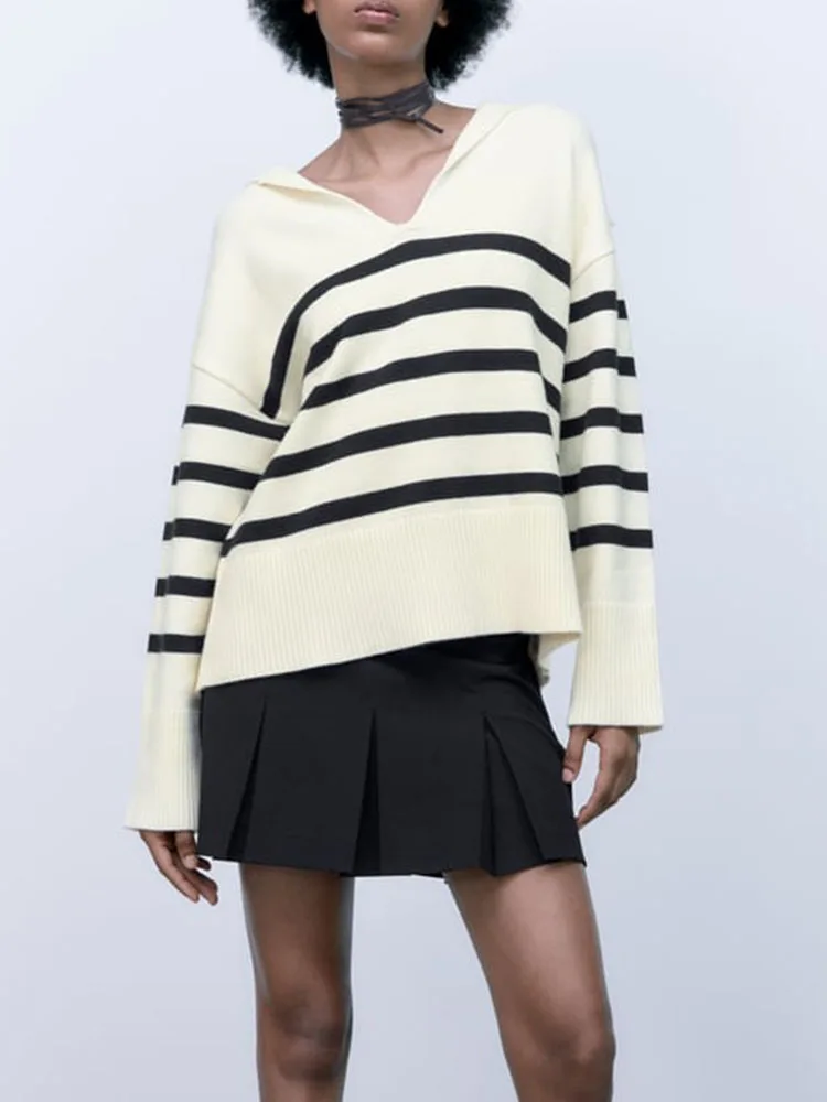 

TRAF New Ladies Autumn Winter Striped Knitted Loose Sweater 2022 Fashion Sailor Collar Pullover Long Sleeve Casual Streetwear