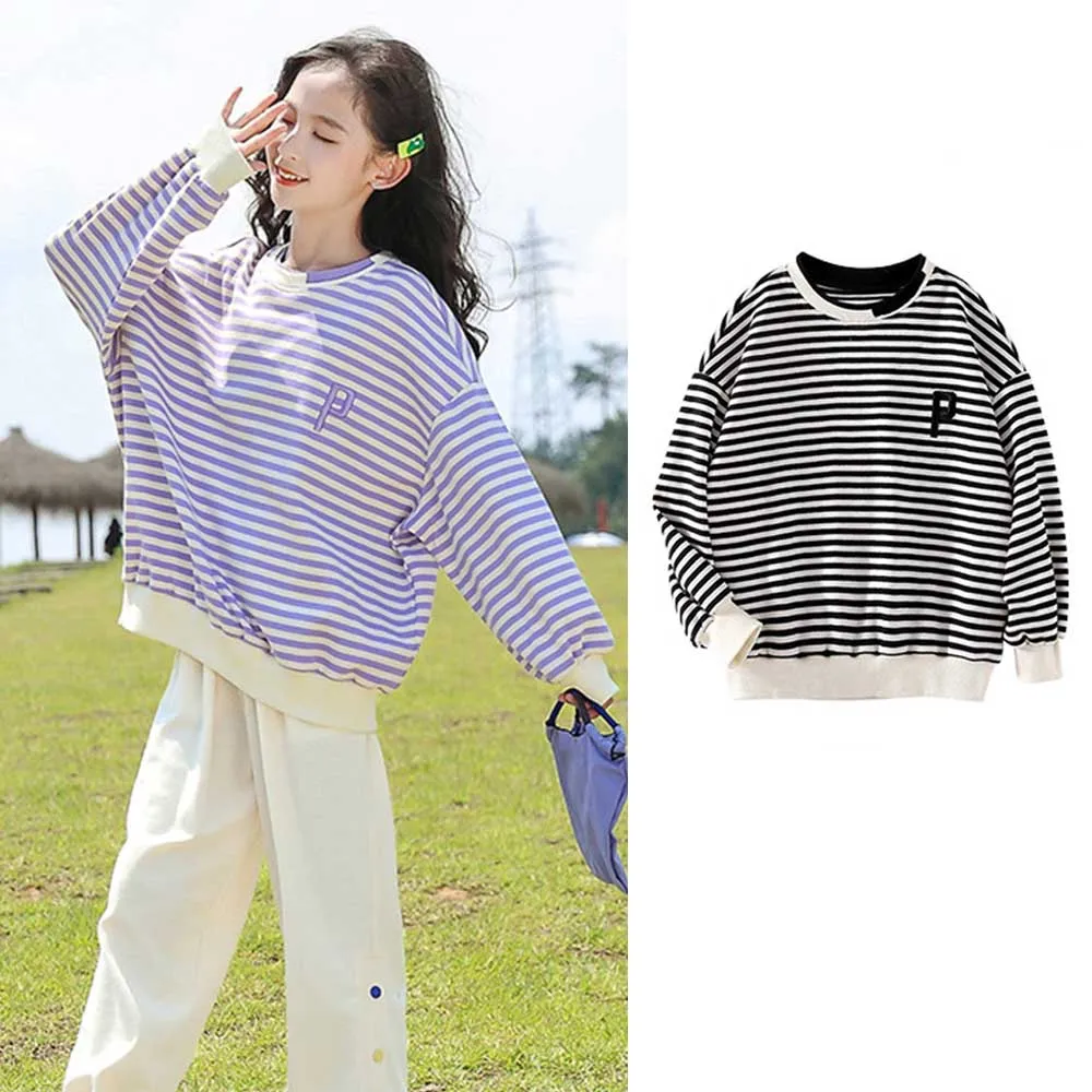 

Girls Sweatshirt Kids Long Sleeved Hoodies 2022 Spring Fall Teenagers Striped Tops 4 To 14Yrs Children's Cotton Clothes Casual