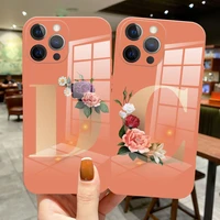 diy custom surname letter flower fashion phone case for iphone 11 pro max 7 8 plus 11 pro 11 se 2020 luxury orange glass cover