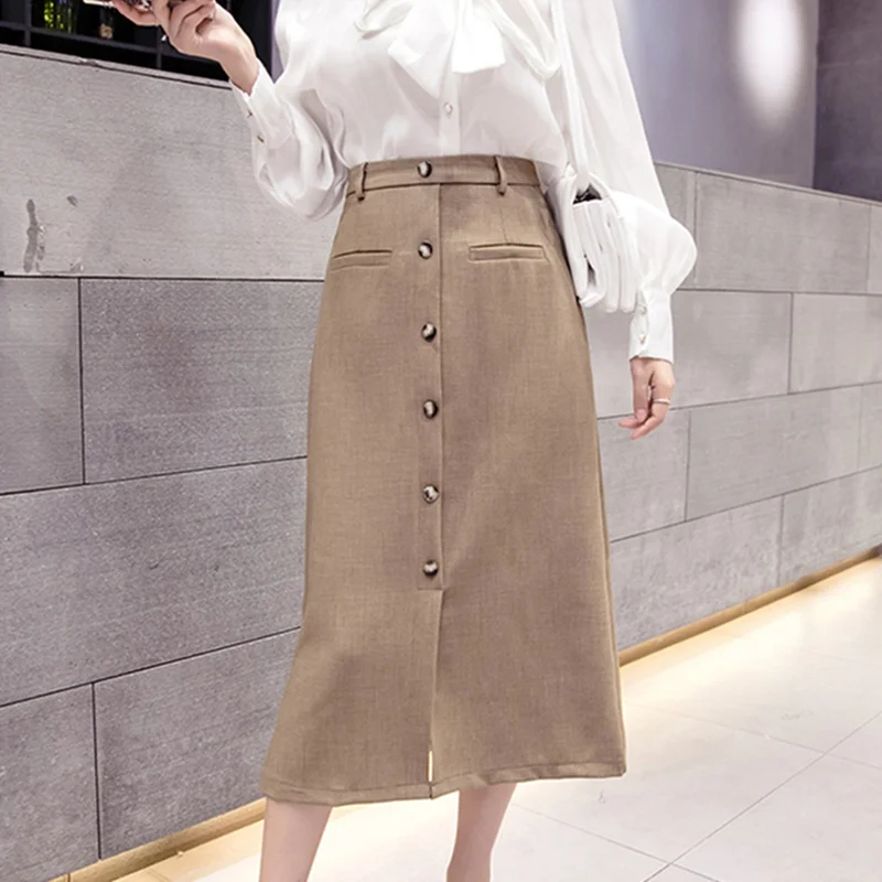 

Women Single Breasted Korean OL Style High Waist A-Line Skirts with Pocket 2021 New Spring Work Wear Female Elegant Long Skirts