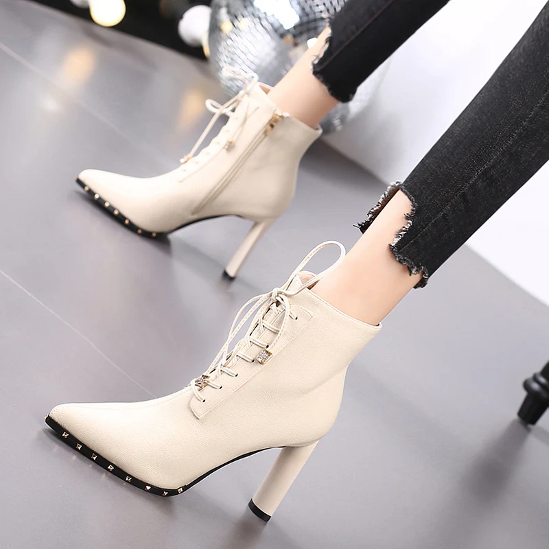Pointed Rivet PU Leather Cross Strap Women's Boots Short Ankle Boots Martin Boots Black Shoes Lace Up Boots Woman Winter 2023