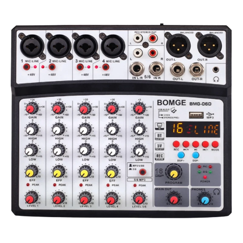 Sound Card Audio Mixer Sound Board Console Desk System Interface 6 Channel USB Bluetooth 48V Power Stereo-EU Plug