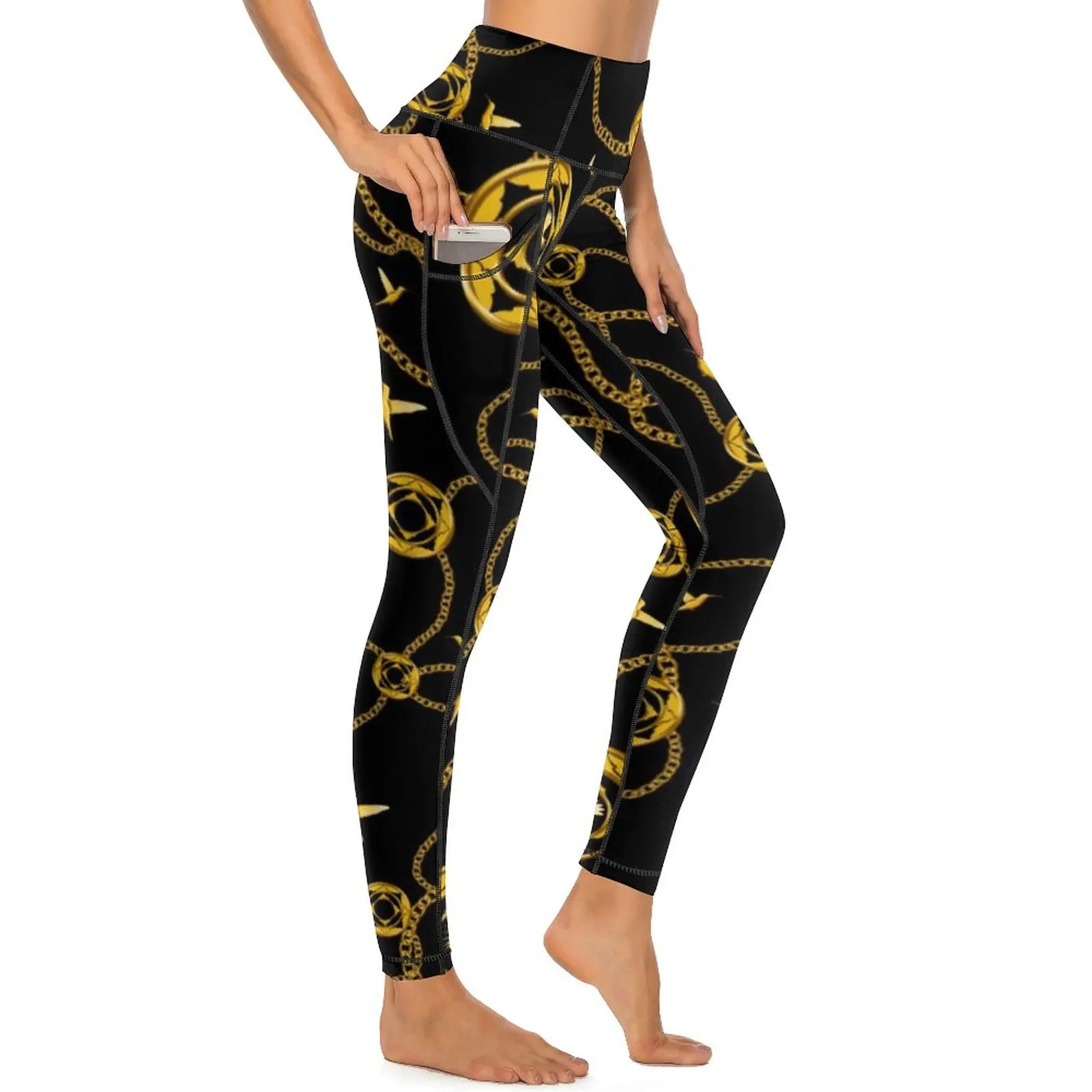 

Trend Chain Print Leggings Pockets Golden Design Yoga Pants High Waist Workout Yoga Legging Women Elegant Stretchy Sports Tights