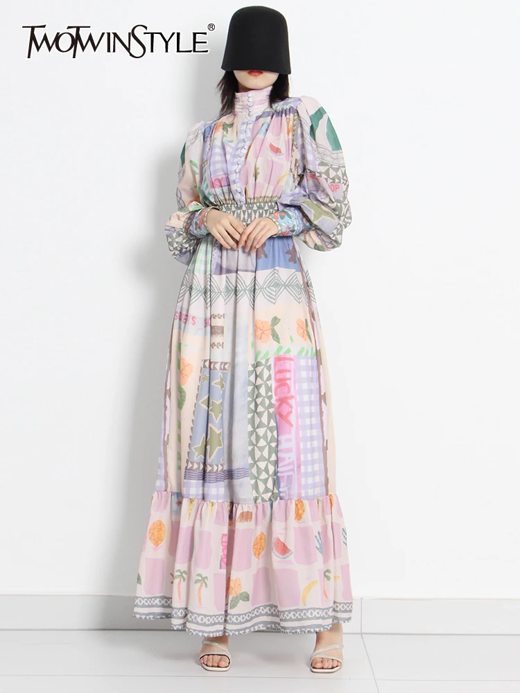 

TWOTWINSTYLE Casual Print Colorblock Dress For Women Stand Collar Lantern Sleeve High Waist Loose Midi Dresses Female Fashion