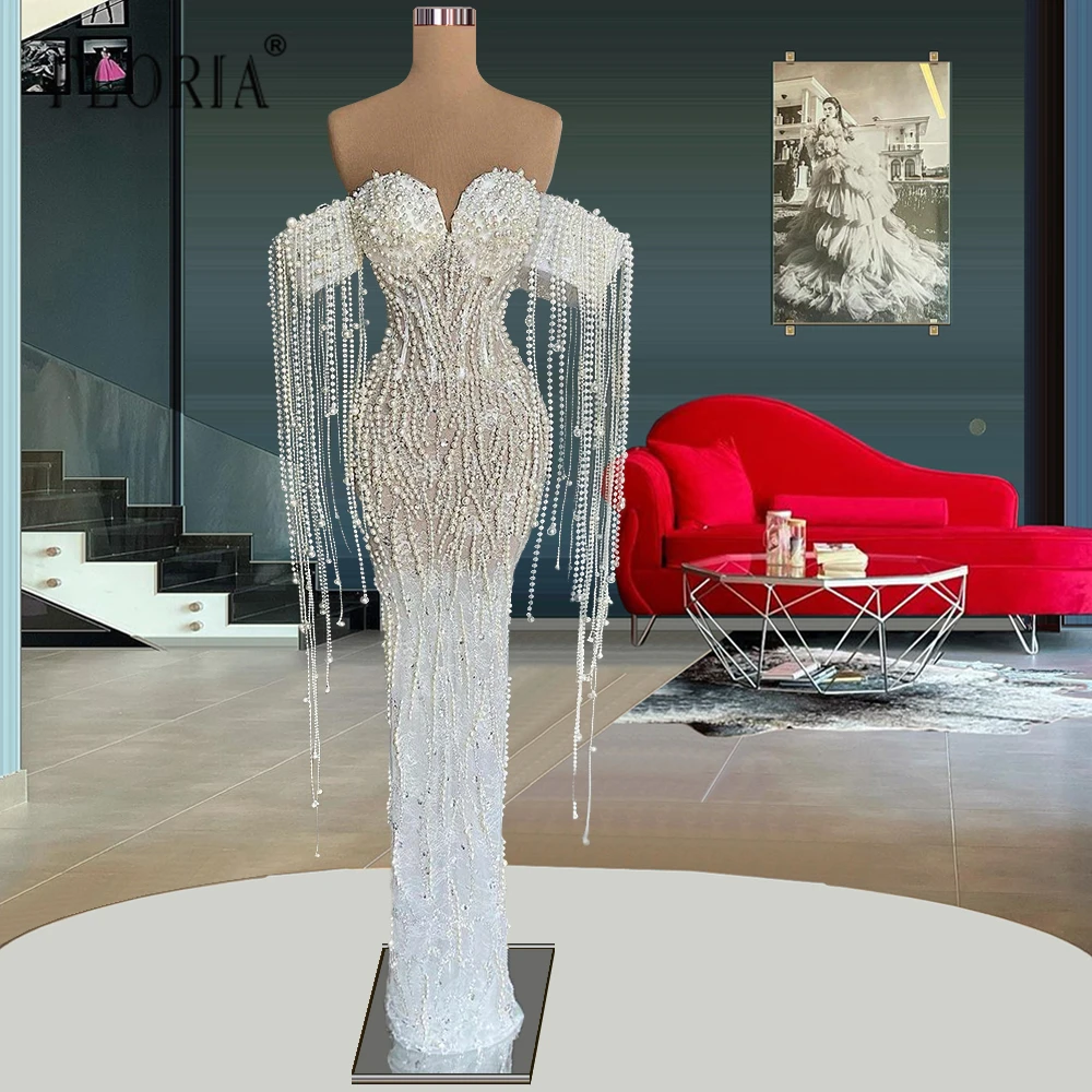 Luxurious Mermaid Floor Length Off Shoulder Tassles Formal Wedding Gowns 2022 African Arabic Bridal Dresses Custom Made