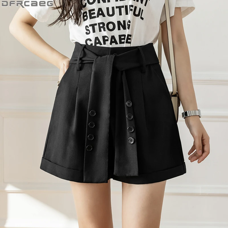 Elegant OL High Waist Shorts For Women 2022 Fashion Summer Loose Wide Leg Short Femme Pants Belt Bandage Black Gray Suit Shorts