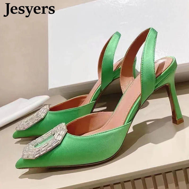 

2022 Summer Pointed Toe Crystal Square Buckle Decor Thin High Heels Pumps Women Elegant Back Strap Party Dress Fairy Sandals