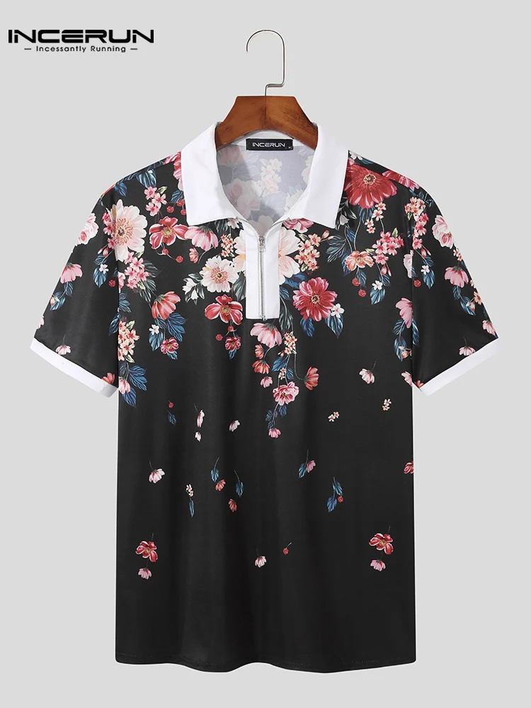 INCERUN Tops 2022 Casual Vacation Style Men's Short Sleeve Flower Shirts Fashion Male Printing Lapel Collar Zipper Blouse S-3XL
