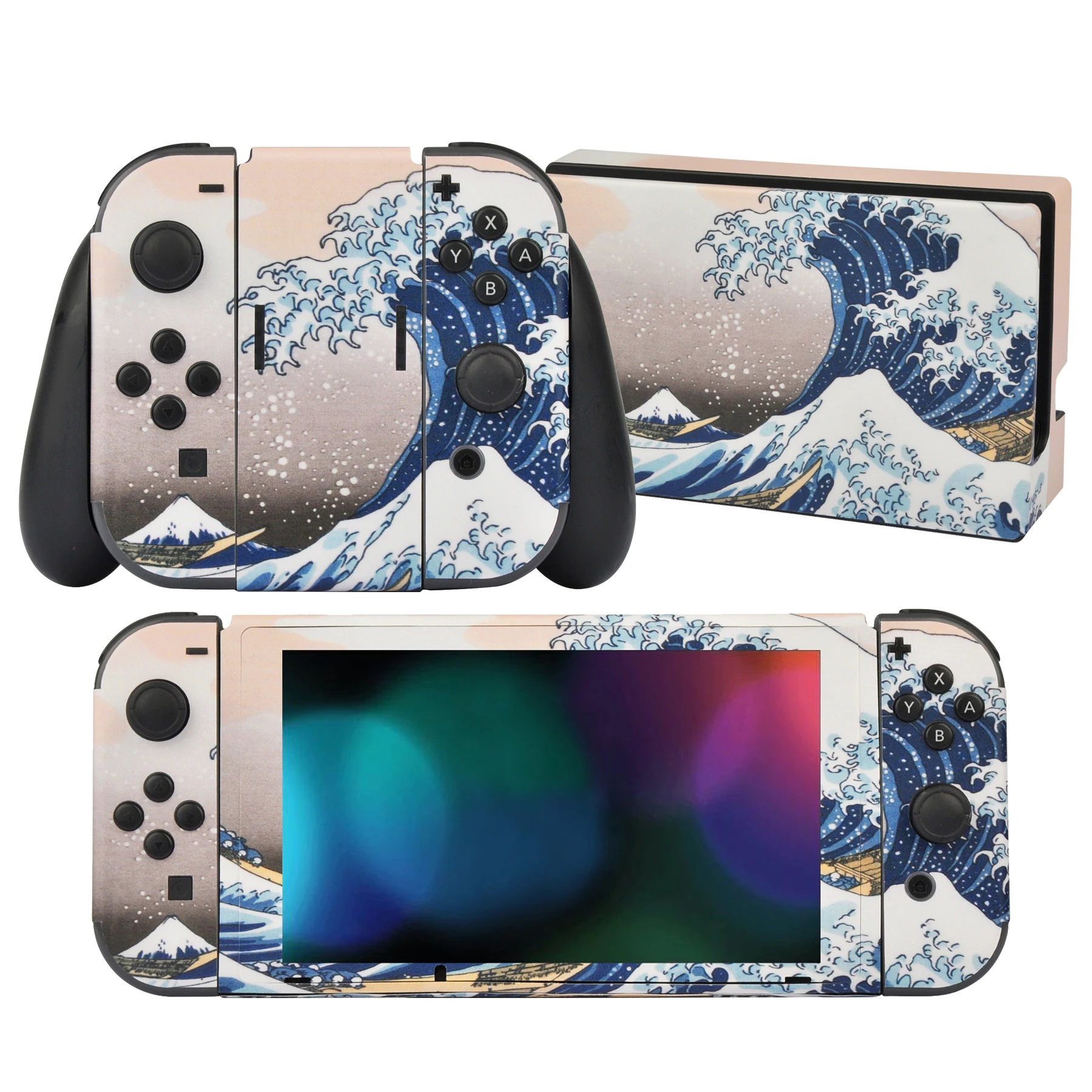 

PlayVital 2 Set Protective Skin Decal for NS Switch, Full Set Stickers for NS Switch Console&Joycon&Dock&Grip-The Great Wave