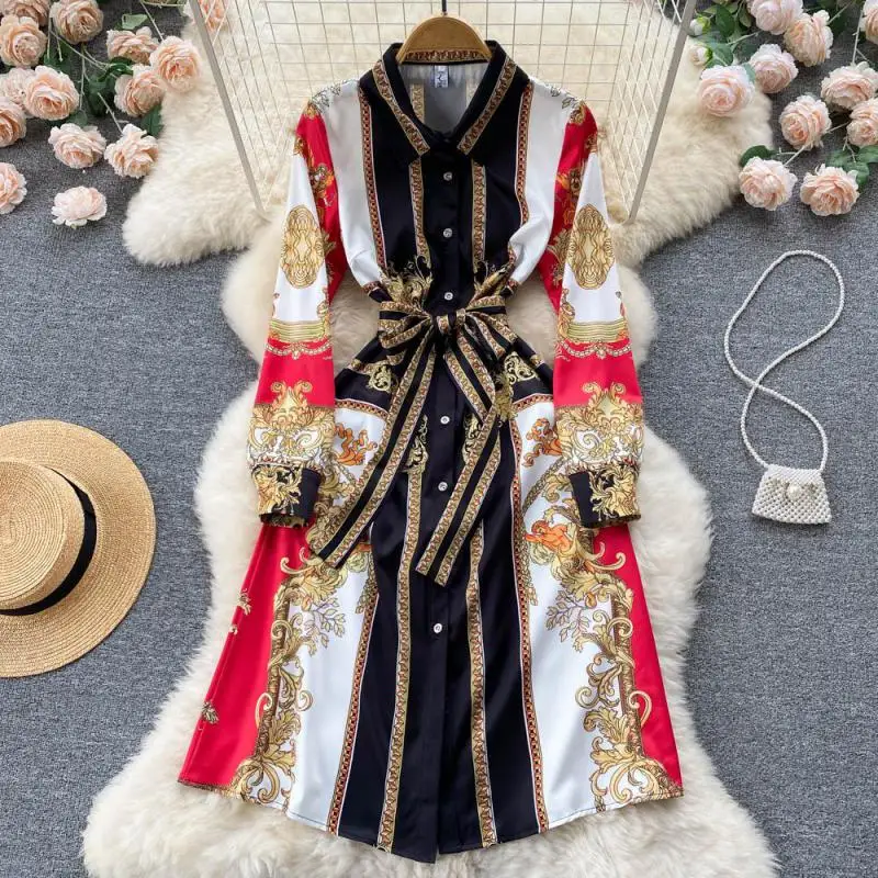 

WEIHAOBANG 2022 Summer Women New Printed Single Breasted Long Sleeved Slim Dress Medium Long High Waist Casual A-line Dress
