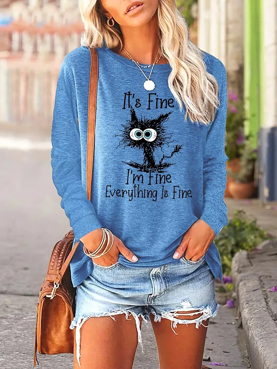 

Women's It's Fine I'm Fine Everything Is FineT shirt Tee long sleeve Patchwork Print Round Neck Basic Essential Tops 3D Print