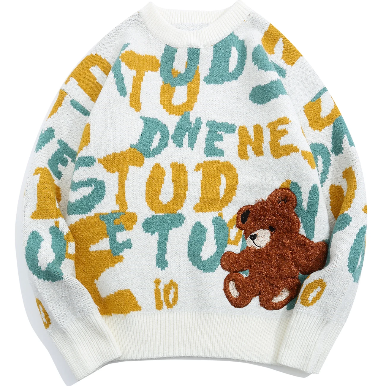 

Harajuku Letters Furry Bear Embroidery Knit Sweater Pullover Men Women Streetwear Loose Casual Spring Knitwear Sweaters