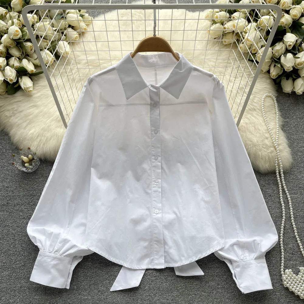 

Chic Blouse Back Bow Lace Shirts Women Button Loose Shirt Tops Female Casual Ladies Blouses Lantern Sleeve Blusas Dropshipping
