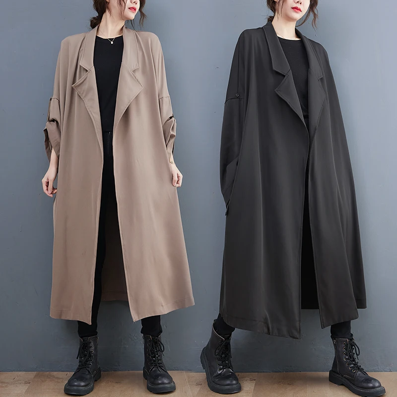 

2022 Newest Spring Women's Fashion Pleated Long Windbreaker Turn Down Collar Open Cardigan Black Khaki Women Clothing Coat shawl