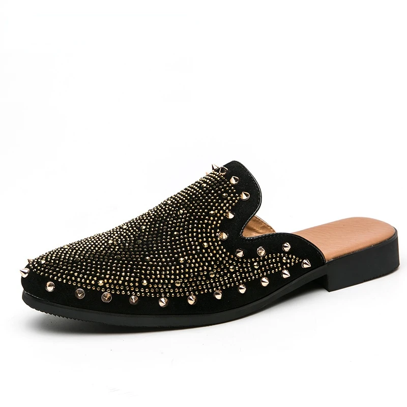 

New Men Casual Shoes Spring Designer Rivet Dress Shoes Loafers Autumn Fashion Half Slippers Zapatos Hombre Party Flat Large Size