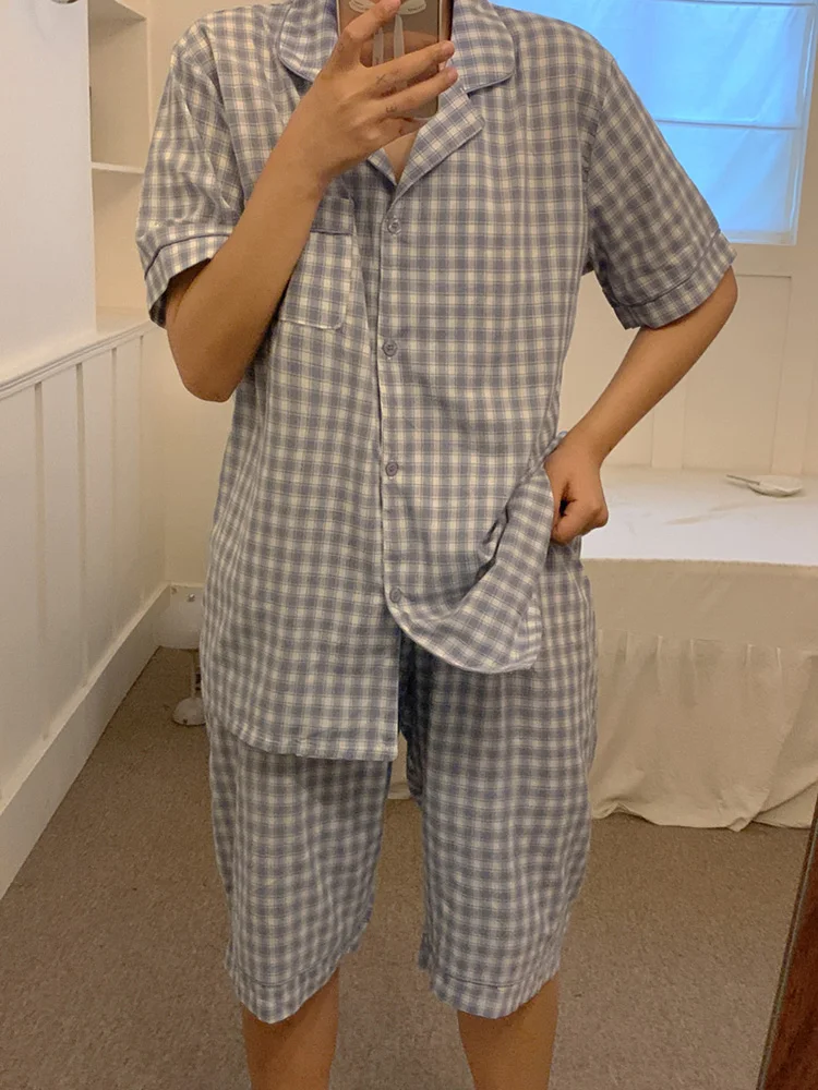 Свободная клетчатая полосатая летняя Пижама с коротким рукавом комплект для