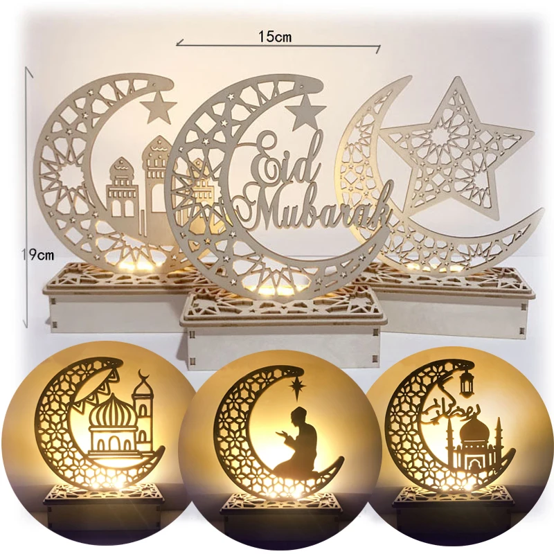 

EID Mubarak Wooden Moon Ornaments LED Lights Ramadan Castle EID Night Light For Home Islamic Muslim Party Decor Eid Al Adha Gift