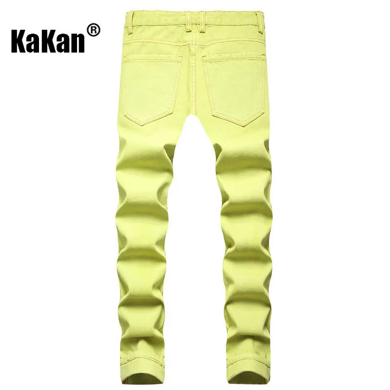 Kakan - New European and American Ripped Straight Leg Jeans for Men, Tie Dyed Bright Yellow Casual Long Jeans K44-5024