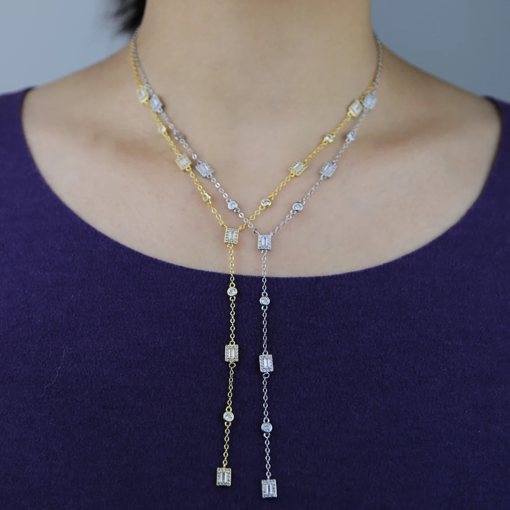 

Geometric Rectangle CZ Cluster Charm Station Chains Sexy Long Y Lariat Fashion Women Necklace High Quality