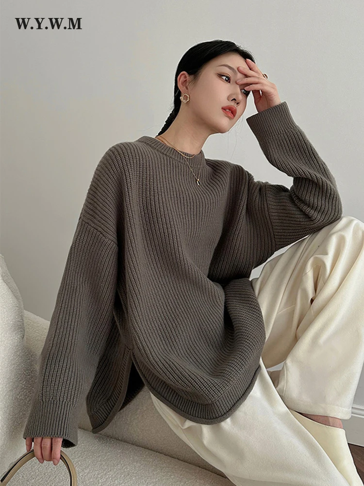 

WYWM Oversized Solid Knitted Sweater Women Autumn O-neck Long Sleeve Basic Pullover Female Korean Loose Streetwear Split Jumper