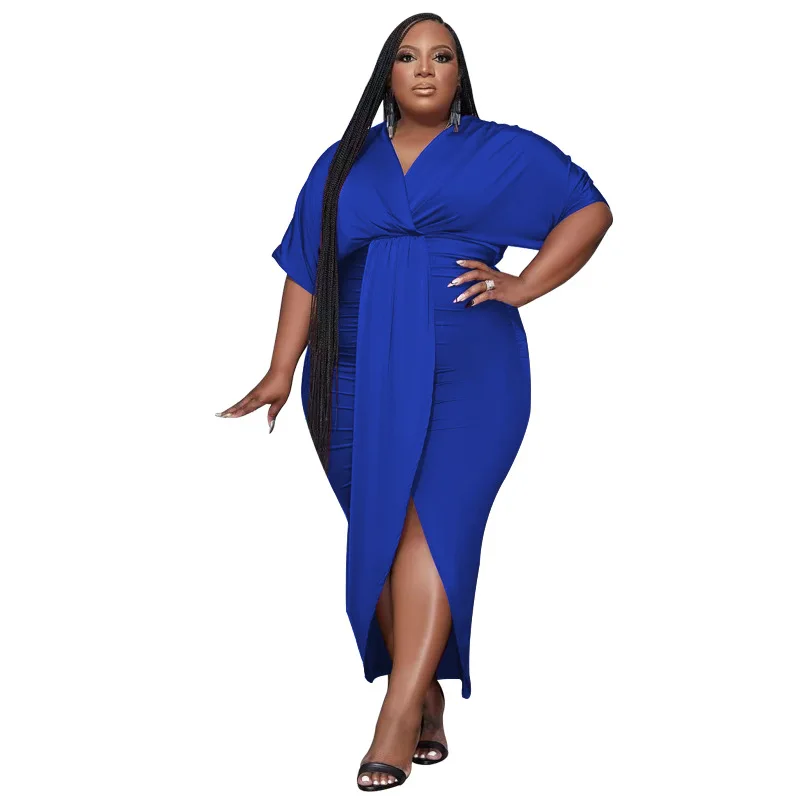 Summer Solid Color V-neck Split Plus Size Dress Fashion Temperament Half-sleeve Irregular Professional Women's Wholesale