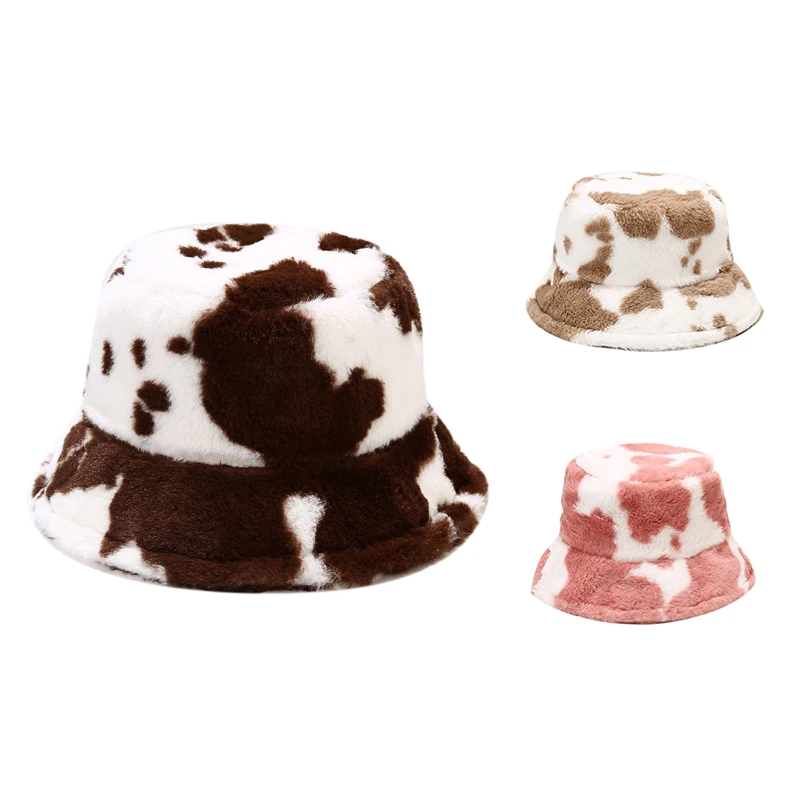 

Fashion Winter Cow Pattern Plush Thicken Bucket Hats For Women Tourism Outdoor Warm Hat Fisherman Cap