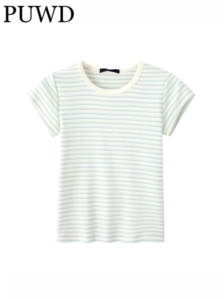 

PUWD Women Cotton Tees 2023 Summer Fashion Ladies Chic Vintage Blue O Neck Short Sleeves Tops Female Striped Printed T-shirt