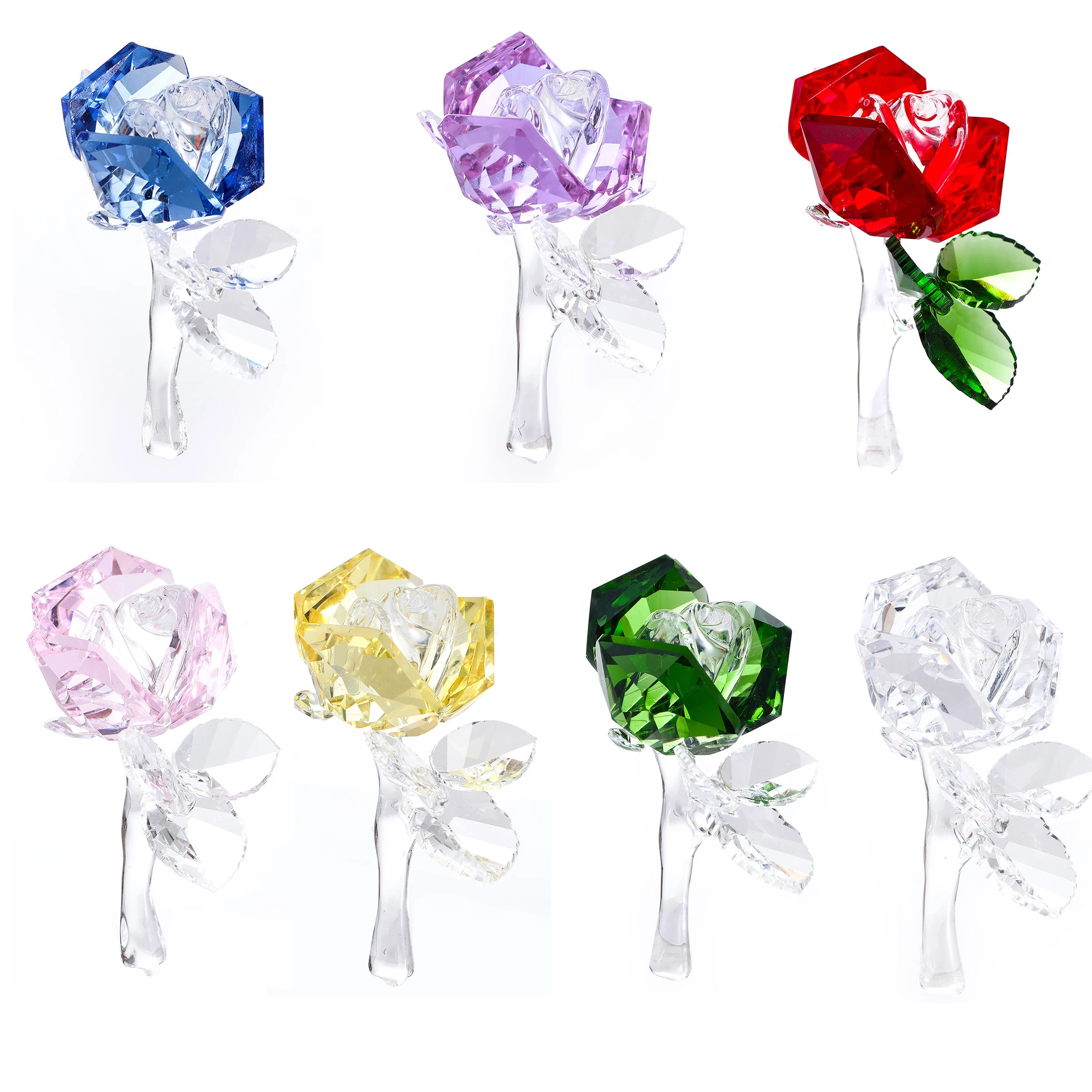 

7 Colors Crystal Rose Flower Figurines Glass Rose Paperweight Craft Wedding Valentine's Day Present for Girl Home Decor Ornament
